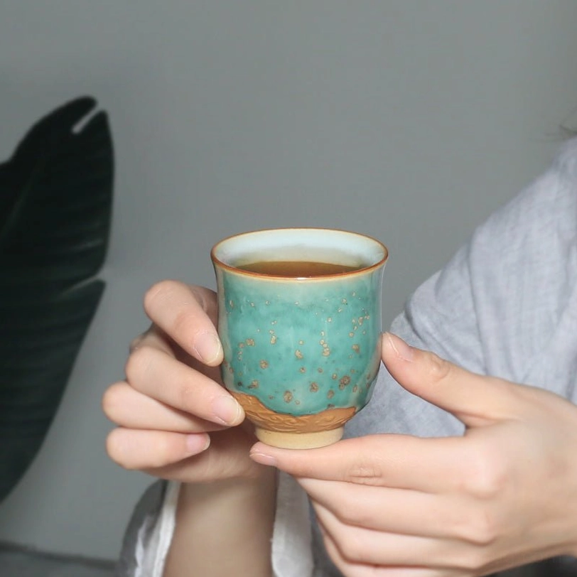 chinese green glaze porcelain teacup 120ml with cloud relief