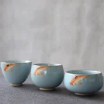 full set of koi design chinese porcelain tea cups three sizes