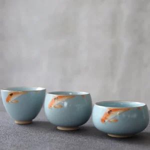 full set of koi design chinese porcelain tea cups three sizes