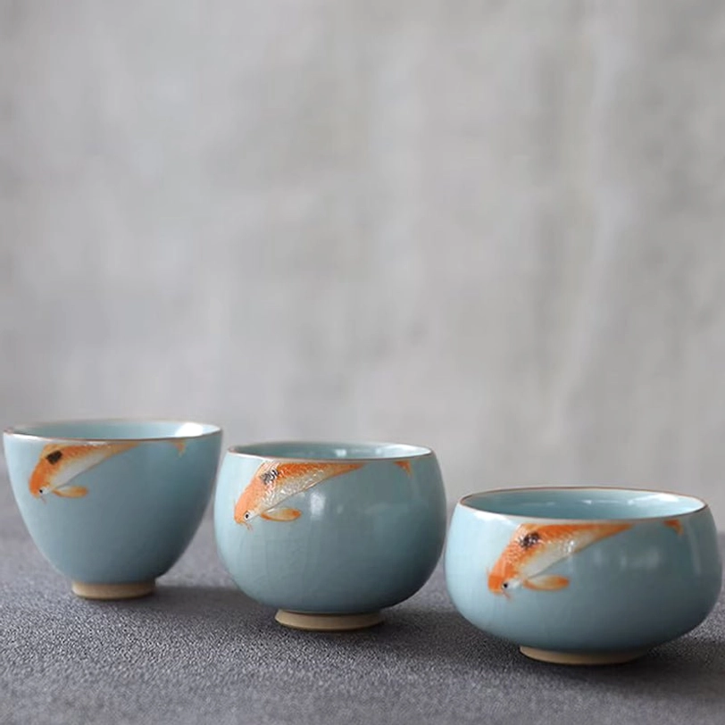 full set of koi design chinese porcelain tea cups three sizes