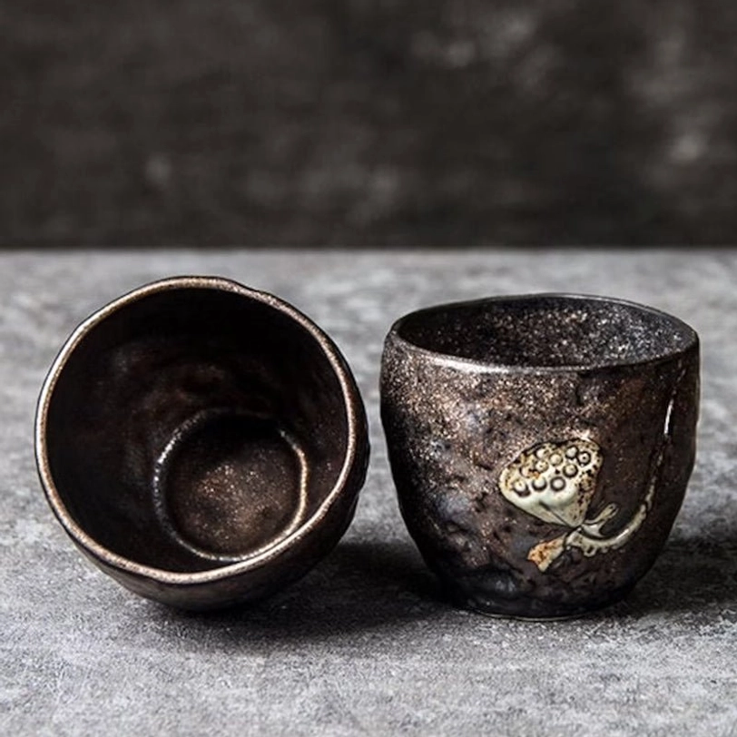 Set of 2 100ml Chinese lotus relief clay tea cups full set view