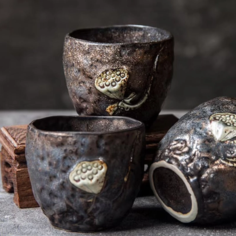 Rustic Chinese lotus clay tea cup top view showing opening