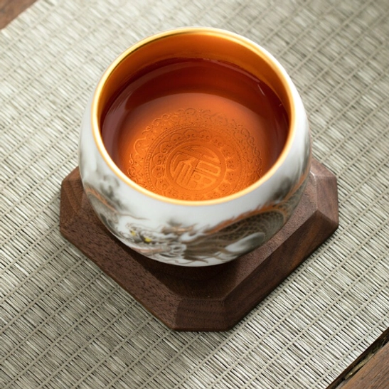 Base view of Chinese phoenix ceramic gongfu tea cup with gold marking