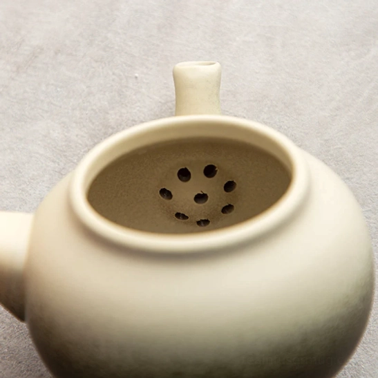 close-up view of built-in ceramic filter infuser inside kyusu teapot