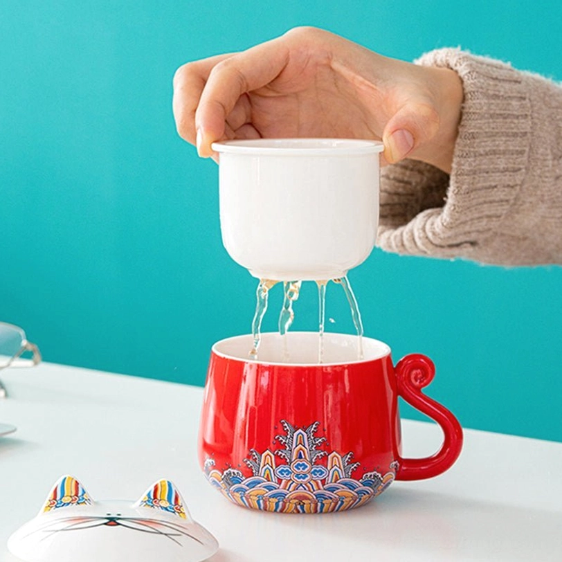 close up of cat head lid on cat tea infuser mug