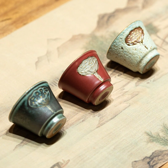 close up of 3d embossed lotus pattern on ceramic tea cup