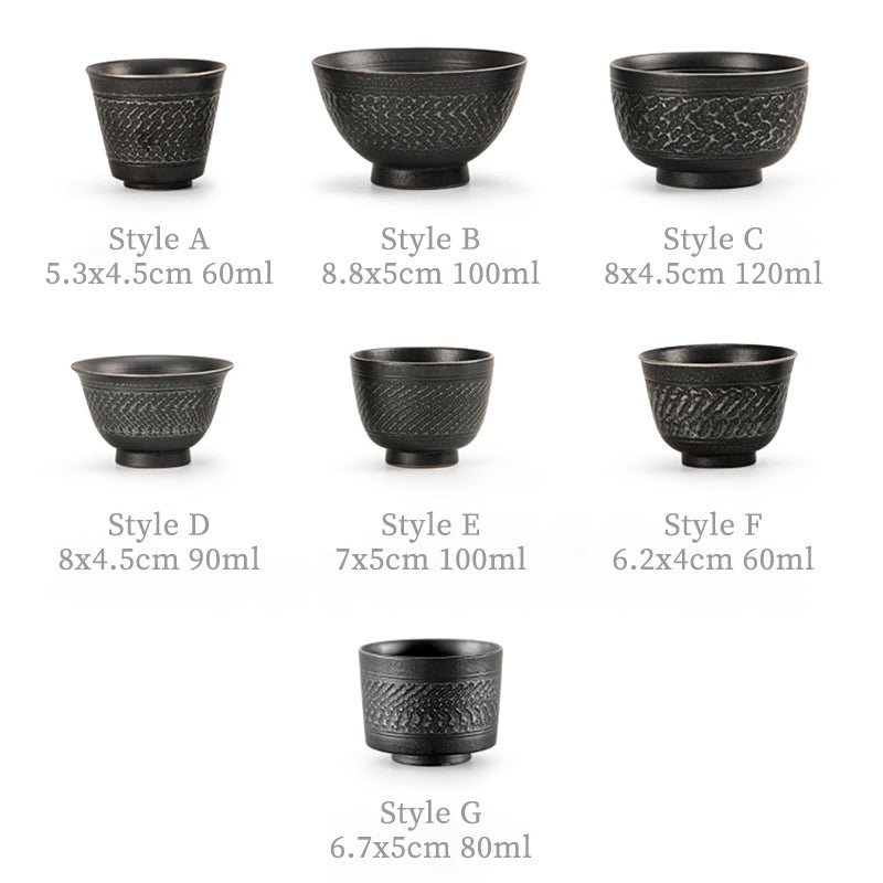 close up texture detail of antique black ceramic tea bowl