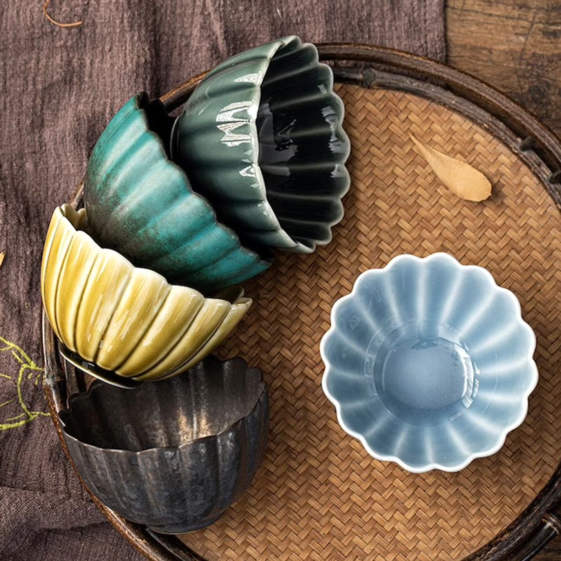 close up of textured lotus petal ru kiln chinese tea cup