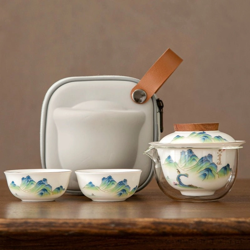 closed padded carry case for portable travel tea set with leather handle