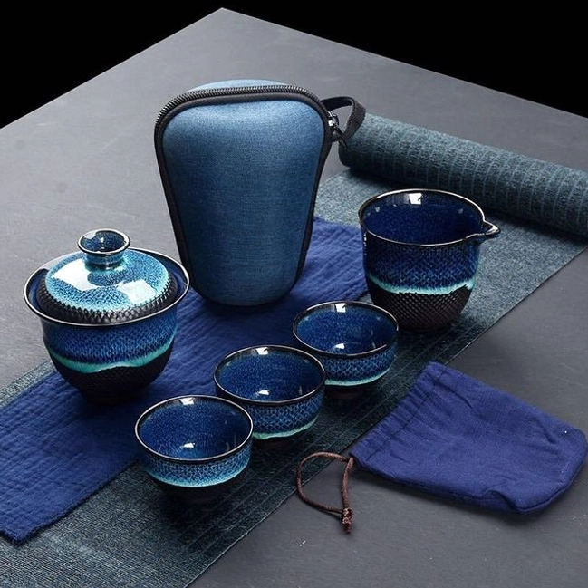 full compact blue travel kung fu tea set with travel bag closed