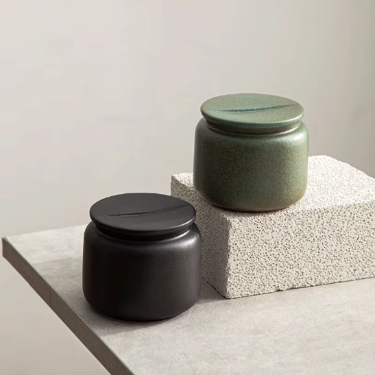 side view of compact airtight ceramic tea storage canister