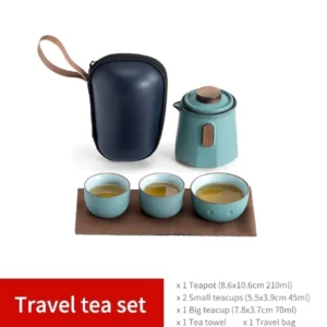 Complete 210ml matte teal ceramic travel tea set with carry bag