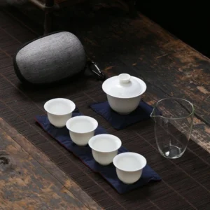 Complete 150ml matte white ceramic travel tea set with carrying case