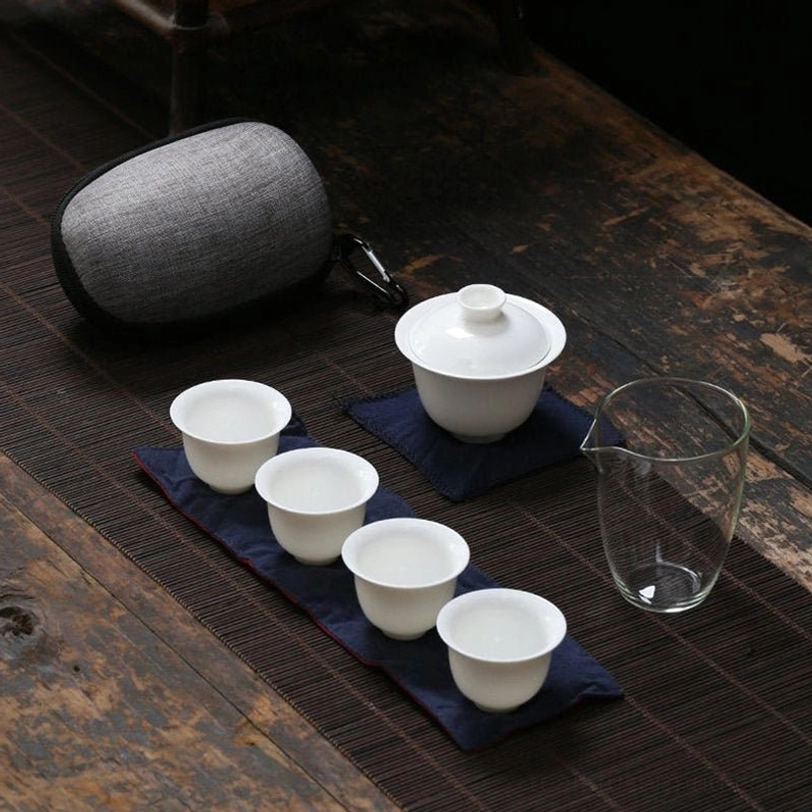 Complete 150ml matte white ceramic travel tea set with carrying case