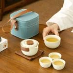 complete 100ml portable porcelain travel tea set with light blue carrying case