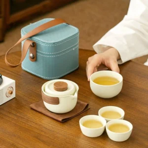 complete 100ml portable porcelain travel tea set with light blue carrying case