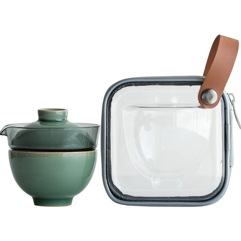 Longquan celadon travel tea set with carrying bag showing complete set