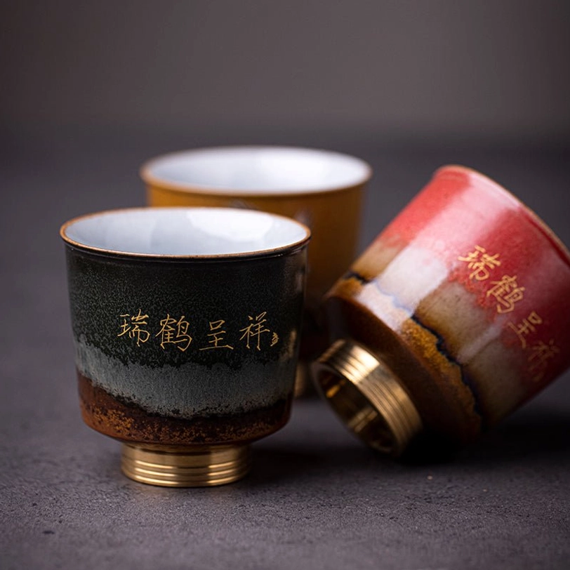 bottom copper base of red crane ceramic tea cup
