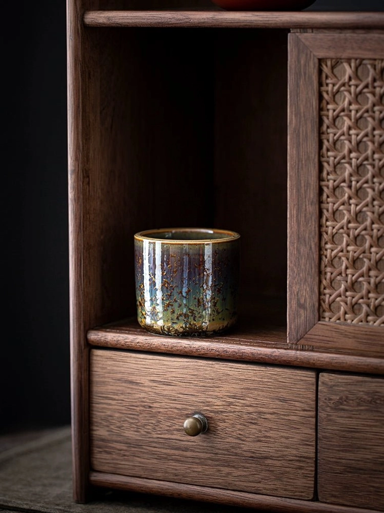 gradient blue purple crystalline glaze kung fu tea cup close up