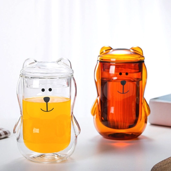 10oz cute 3D bear shaped glass tea infuser mug side profile
