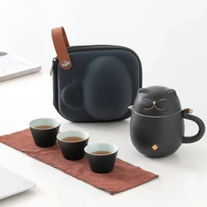full open view of cute cat ceramic travel tea set with 3 teacups