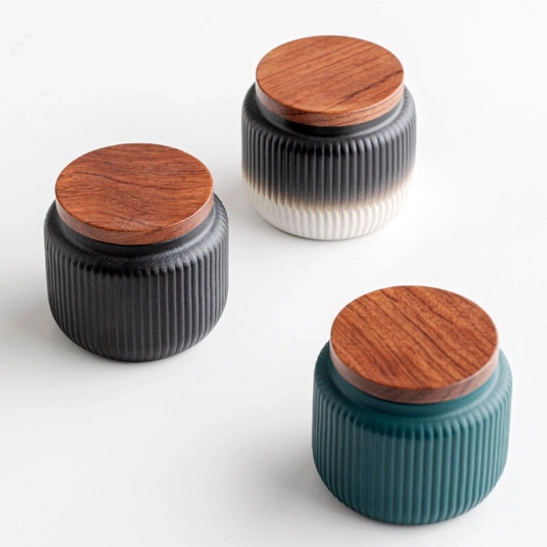 cyan ceramic airtight tea canister for loose leaf tea storage side view