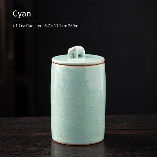 Cyan elephant handle airtight ceramic tea storage canister