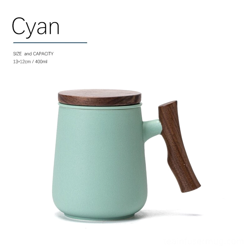 cyan color variant of ceramic tea infuser mug with wooden handle