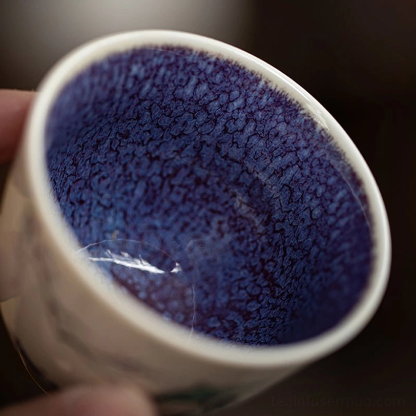 dark blue textured inner glaze of vintage ceramic japanese tea cup
