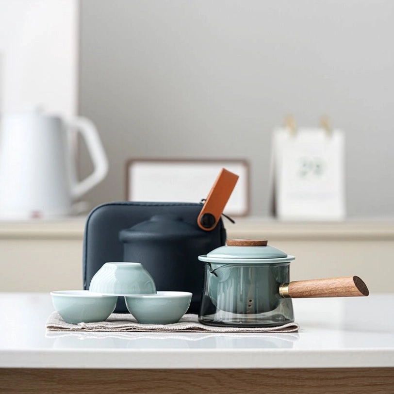 dark gray travel tea set 200ml glass porcelain with carrying bag