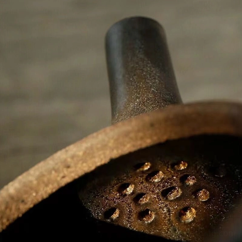 close up of the spout of the dark ceramic kyusu teapot