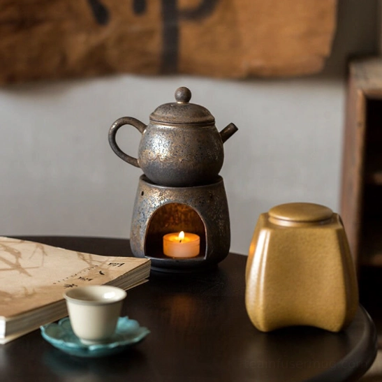 dark mottled glazed kyusu teapot and warming stand set