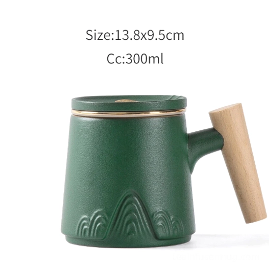 Deep Forest Green variant ceramic tea infuser mug with wood handle