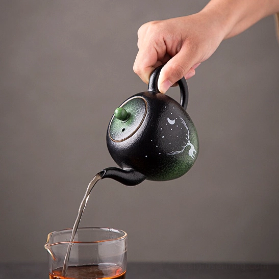 deer and moon pattern on black green gradient ceramic teapot