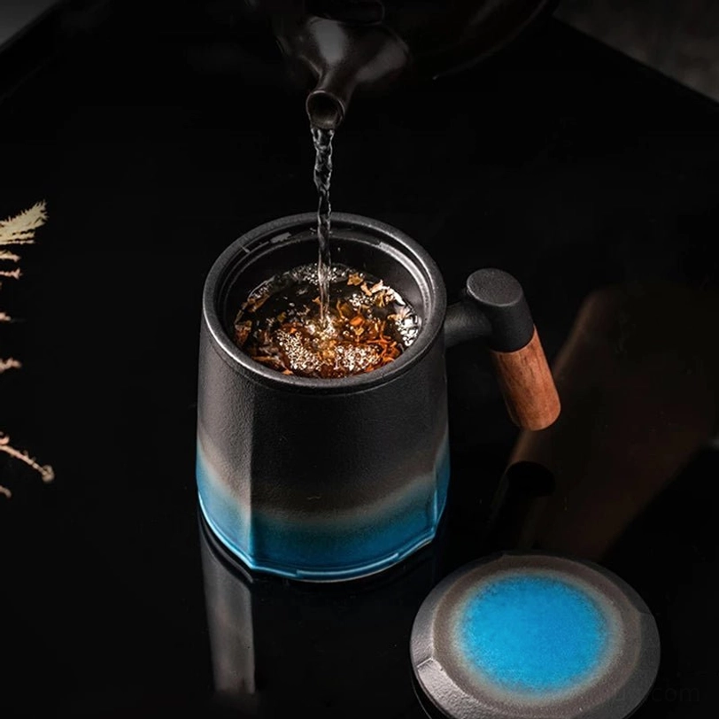 disassembled 12oz ceramic tea infuser mug components: mug, infuser, lid