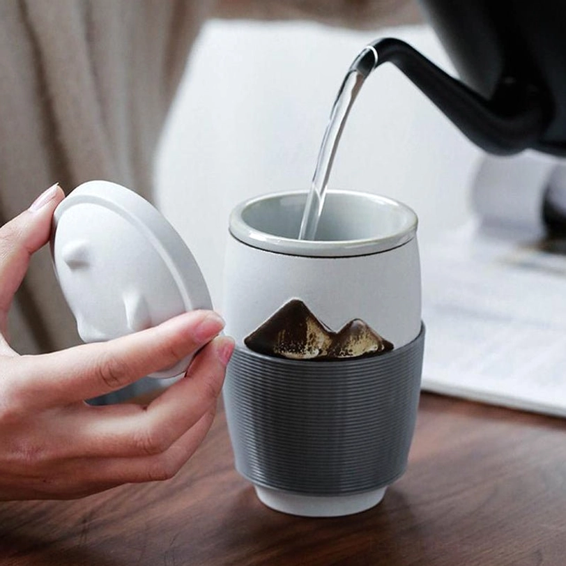 disassembled mountain tea infuser mug all parts for easy cleaning