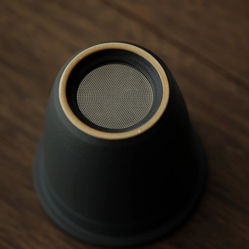 all disassembled parts of ceramic tea infuser mug with lid and wood handle