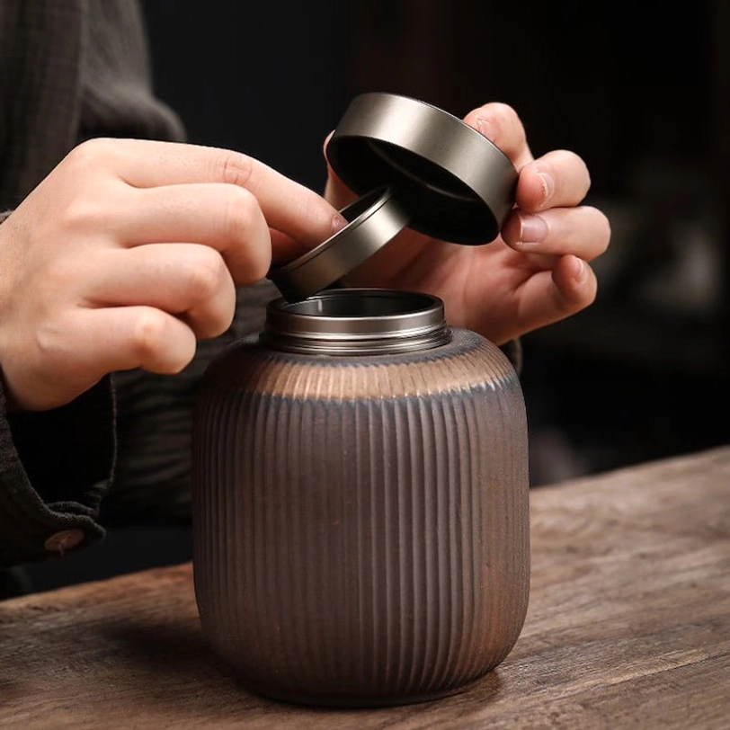 double layer metal lid of ceramic tea storage canister