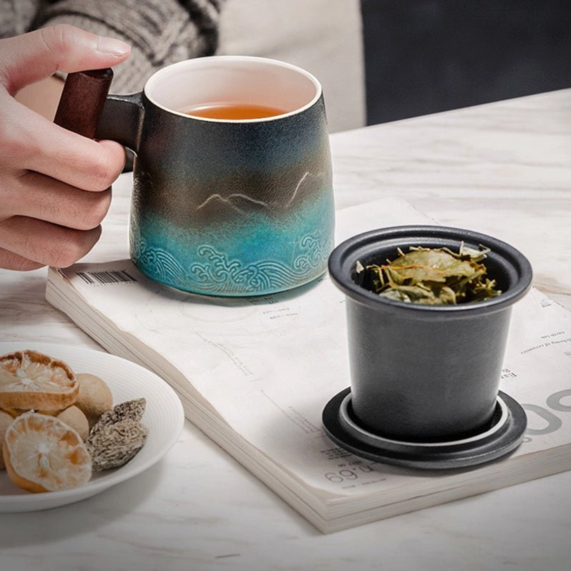 Close up of embossed traditional Chinese mountain wave pattern on tea mug surface