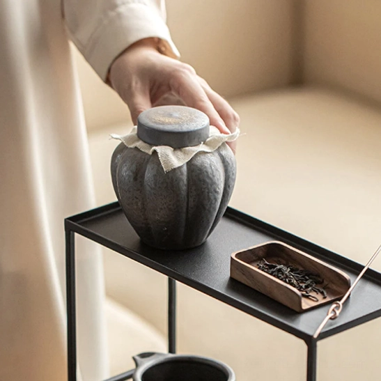 Top view of the sealed faceted ceramic tea storage canister