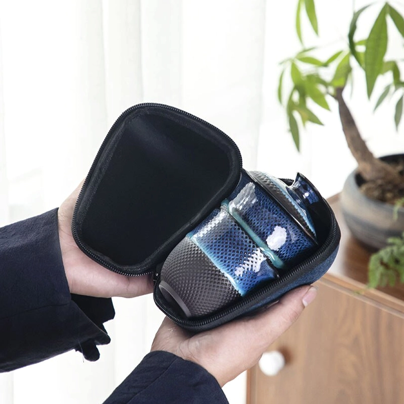 fairness pitcher and two tasting cups of blue travel kung fu tea set