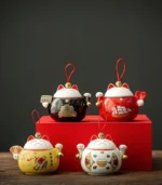 full set of maneki-neko fortune cat ceramic tea storage canisters in 4 colors