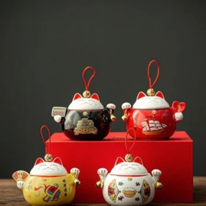 full set of maneki-neko fortune cat ceramic tea storage canisters in 4 colors