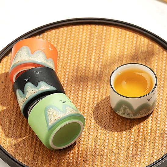 Set of four 70ml ink mountain Chinese ceramic tea cups display