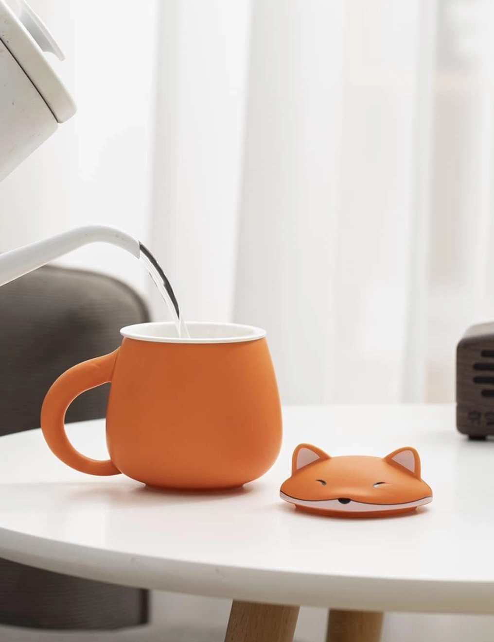 cute fox tea infuser mug with open lid showing empty ceramic interior