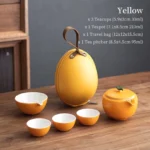 full set of fruit shaped green ceramic travel tea set with carrying bag