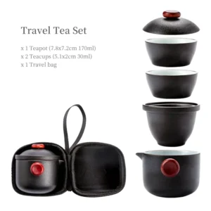 full assembled 170ml black ceramic travel tea set with carrying case