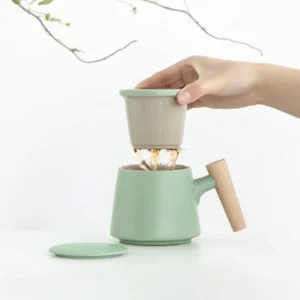 full assembled 300ml green ceramic tea infuser mug with wooden handle