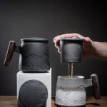 Full complete set of ceramic tea infuser mug with lid, filter and wooden handle