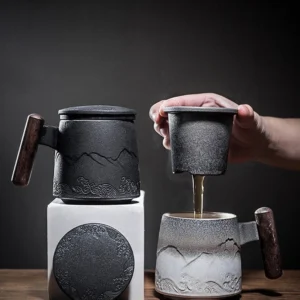 Full complete set of ceramic tea infuser mug with lid, filter and wooden handle